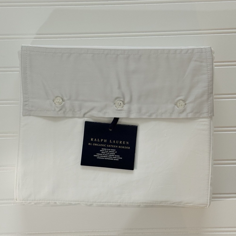 Ralph Lauren RL 624 TC Organic Sateen Border Queen Flat Sheet‎ Platinum NWT $185